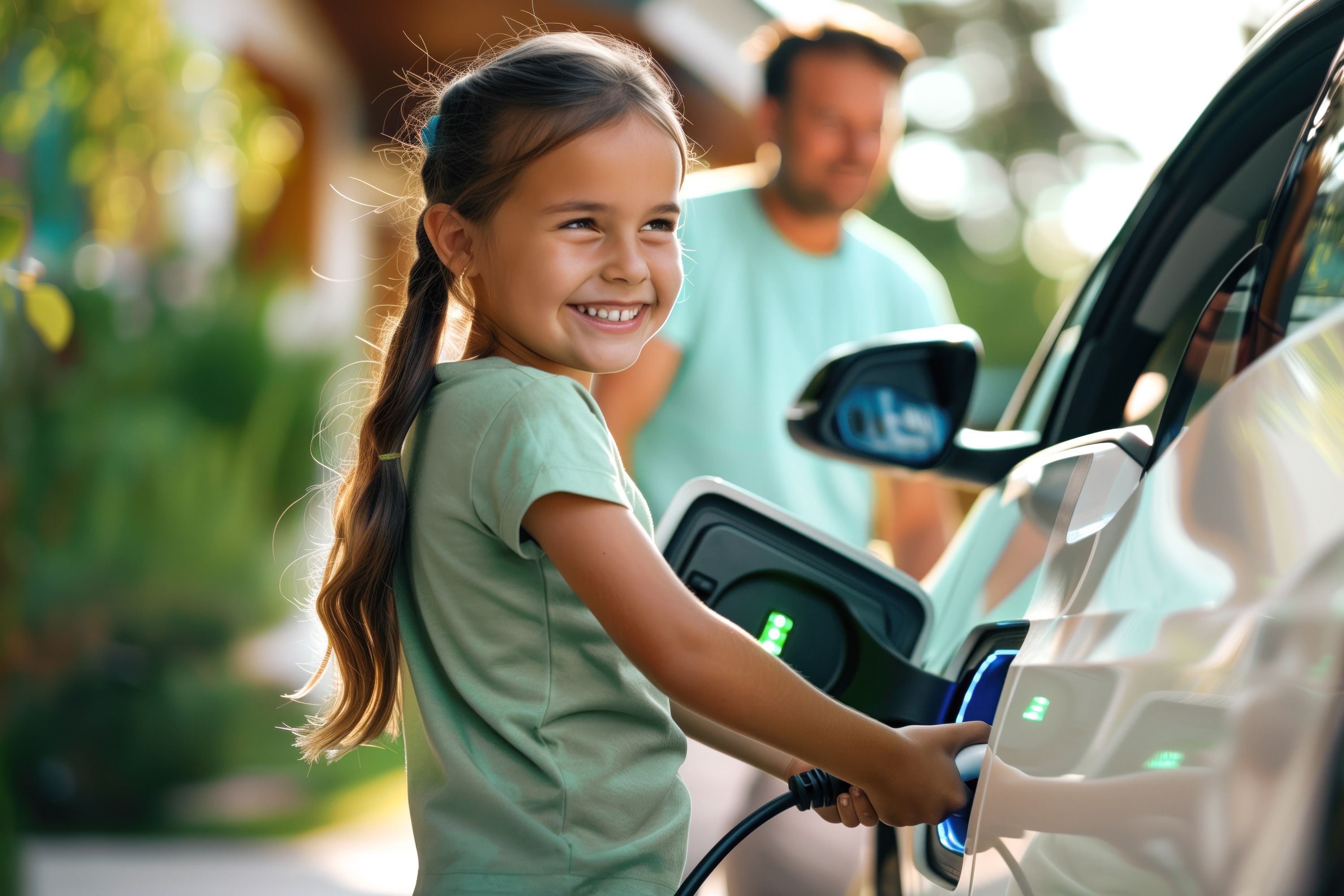 Young girl plugging an EV charging cable into an electric vehicle